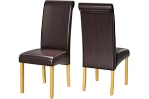 1home Faux Leather Dining Chairs with Solid Wooden Legs, Padded Seat and Curved Backrest, Easy to Clean Waterproof Chairs, Set of 2, Ideal for Kitchen, Living Room, and Study, Brown