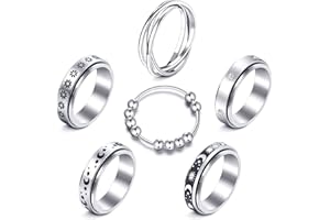 Keyoung MUCAL Anxiety Ring for Women Men 6pcs Stainless Steel Anti Anxiety Rings with Beads Fidget Ring for Anxiety Spinner Rings for Anxiety Relief, Silver, 6