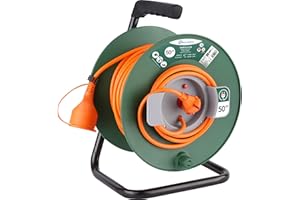Electraline 20866139F Verlängerungskabel für den Garten, 50 m, mit 16A-Rolle, 2x1,5 mm², orange/grüner Querschnitt, Stecker — Typ C/EF — 2-polig (EU)