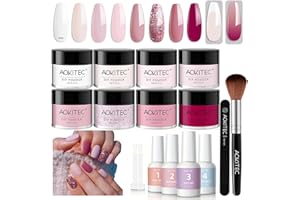 Aokitec 14PCS Dip Powder Nail Kit Starter Set, 8 Colours Pink Magenta Collection Nail Dipping Powder Kit with Base Top Activator Brush Saver for French Nails Art Manicure, Women Girls Gift