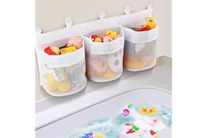 SZTQQING Porta Giocattoli per Vasca da Bagno in Rete con 3 Scomparti - ExtraLarge con 5 Ganci Adesivi, Ideale per Bambini e Doccia, Bianco