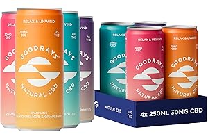 Goodrays - 30mg CBD Drink Mixed Pack - 4 x 250ml Cans - Natural Flavours, Low Calorie, Vegan - 4 Great Flavours - High Strength (30mg/can), All Natural - Reduce Stress & Unwind
