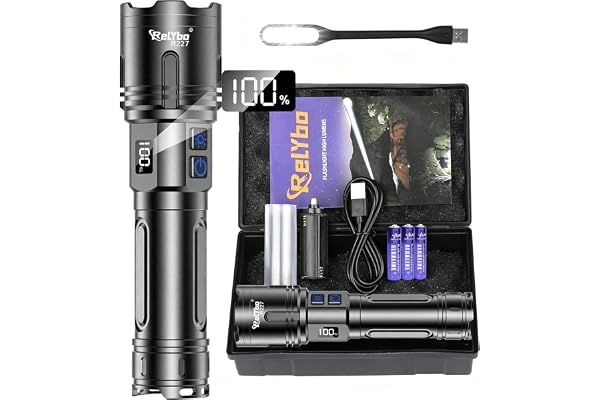 Relybo Ficklampa LED Uppladdningsbar 1,000,000 Lumen - 30W 1600M Räckvidd | Uppladdningsbar ficklampa USB C, 30W XHM99.2 Chip Stark Ficklampa, 2 Strömbrytare Steglös Dimning Flashlight För Utomhus