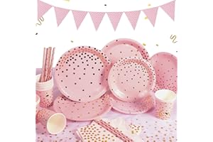 Yidaxing 122 Pezzi Rosa e Dorate Stoviglie per Feste, Stoviglie Carta Set Include Piatti di Carta Tovaglioli Tazze Tovaglia Banner per Addio al Celibato, Festa di Compleanno, Baby Shower (24 Ospiti)