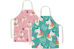 N/0 Grembiule per bambini, 2 pezzi, motivo: unicorno, grembiule per bambini, per cucina, cucina, pittura, rosa, verde, 4-15 anni