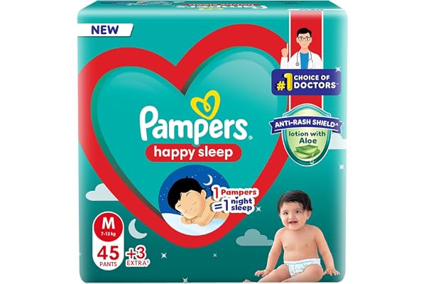 Pampers Happy Sleep Pant Style Baby Diapers, Medium (M), 48 Count, 1 Pampers 1 Night Sleep, with Anti Rash Shield, 7-12 Kg Diapers