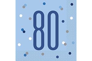 UNIQUE Papierservietten - Zahl 80 - 16,5 cm - Glitzer Blau & Silber Geburtstag - 16er-Packung