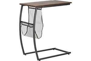 HOMCOM Mesa Auxiliar para Sofá y Cama Mesita Auxiliar Pequeña en Forma de C con Bolsillo de Almacenaje Estilo Industrial para Salón 53x35x64,5 cm Marrón Rústico