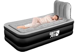 Get Fit Air Bed With Built In Electric Pump - Premium Single Airbed - Quick Blow Up Bed With Headboard & Free Inflatable Pillow - Elevated Inflatable Air Mattress For Outdoor, Camping - Black/Grey