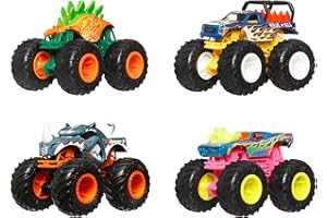 Hot Wheels Monster Trucks Camiones de Juguete Monster Trucks a Escala 1:64, Conjunto de 4, Ruedas Gigantes, Personajes Favoritos y diseños espectaculares, JGD65