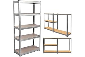 FEIDAK 150 x 70 x 30 cm 5-Tier Garage Shelving Unit – Metal Racking, Steel & MDF Boltless Shelves Metal Shelving Unit Heavy Duty 175kg Capacity Per Shelf, Galvanized