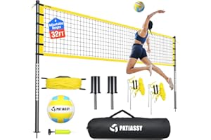 Patiassy Filet de volleyball portable pour jardin, plage et extérieur – Taille réglementaire, poteaux réglables en hauteur, ballon de volleyball en polyuréthane avec pompe, sac de transport