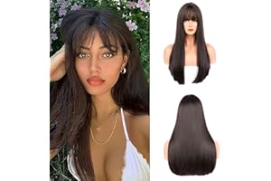 Fulang Hair Lang Braun Glattes Haar Perücke für Frauen, Perücke Damen Dunkelbraun, Natürliche Synthetische Haar Perücke mit Bangs (Dunkelbraun)
