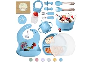 O'doe Baby LED Entwöhnungszubehör für Säuglinge, Babyfütterungsset (17 Teile) | Silikon-Babyschale mit Saugnapf, Schnabeltasse, Selbstfütterungsutensilien mit Löffel, Becher, Lätzchen, Tellerset