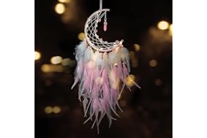 ‎DREMISLAND Dremisland Traumfänger mit LED Licht Handgefertigt Mond Dreamcatcher mit Federn Boho Dekoration Rosa Federn Wandbehang Dekoration Macramé Children's Bedroom Accessories für Kinder Geschenk Weihnachten