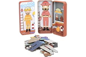 mierEdu Magnetic Dress Up, Dress-Up Dolls Playset, Pretend Play Magnetic Case, Travel Tin Magnetic Dress Up, 30+ Pieces Puzzles for Ages 3-5, Plane Games for boys kids, birthday gift - Firefighter