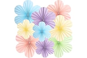 SUNBEAUTY Pastel Flower Party Decorations Paper Fans Classroom Decoration Paper Floral Backdrop Decor Tea Party Decoration Hanging Paper Fans Gold Flower Wall Decor Set of 9