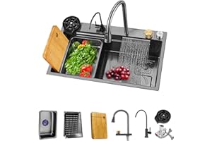 NOYHHAV Fregadero de cocina con Grifo extraíble en cascada Fregadero cocina 1 seno de acero inoxidable Lavabo sobre encimera Grifo multimodo Fregadero multifuncional con accesorios (75*45*22CM, Negro-Gris)