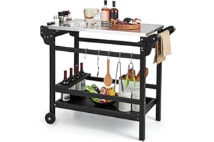 COSTWAY Carrello Barbecue da Esterno, Stand per Forno a Pizza con Piano in Acciaio Inox Vassoio e Portabottiglie, Tavolo per Preparazioni con Maniglia e Ruote per Cucina Giardino