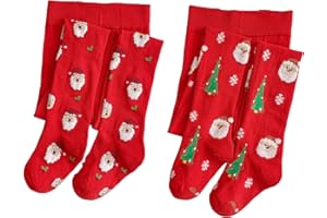Silkglory Collants Noël Filles, 2 Pièces Collants Bébé Tout-Petits avec Décor Motif d'impression de Noël,Leggings Sans Couture Bas Chauds Collants en Coton Nouveau-né Rouge 2-12 Ans