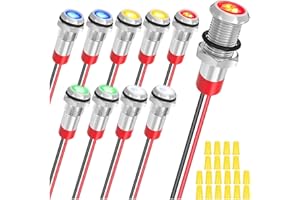 MKBKLLJY 10St. AC/DC12-24V LED Blinkleuchten 1/4"(6mm)Wasserdicht Flachkopf Blinkleuchte Signallampe 5Farben(Rot/Gelb/Blau/Grün/Weiß)mit 150mm Kabellänge Metall LED Blinkleuchte und Verdrahtungskappe