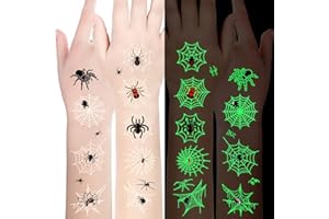 CHAWONER Halloween Tattoos für Kinder 10 Blätter - Leuchtende Temporäre Tattoos mit Spinnen & Spinnweben - Wasserabwaschbar Gesichtsticker, Partydeko & Mitgebsel - Geschenk für Halloween Party
