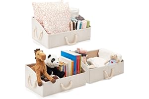 EZOWare Set of 3 Large Foldable Bamboo Cotton Fabric Storage Basket Bins, Collapsible Trapezoid Organiser boxes with Cotton Rope Handle for Nursery, Kids, Closet, and More - Beige