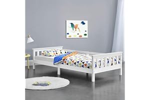 [en.casa] Struttura Letto per Cameretta Bambini Letto Singolo in Legno di Pino con Barre Protettive Testiera e Pediera Zona di Riposo 90x200 cm Bianco