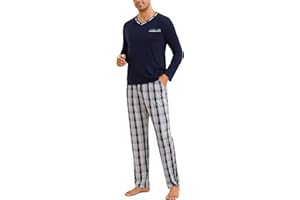 Demegimi Pijama Hombre Algodón Pijama de Invierno Hombre a Cuadros Ropa de Dormir Hombre Conjunto Pijama Hombre con Manga Larga y Pantalón Largo con Bolsillos