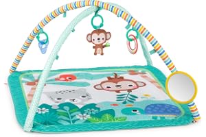 Bright Starts Palm Party babyaktivitet gym maskintvättbar lekmatta med 4 leksaker, nyfödda och uppåt - könsneutral, 80 x 80 c