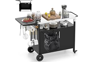 TANGZON Outdoor Grill Dining Cart, Pizza Oven Cart with Stainless Steel Top, Foldable Side Table, Storage Cabinet, 6 Hooks, Outdoor BBQ Grill Table on Wheels for Party Home Gathering Picnic