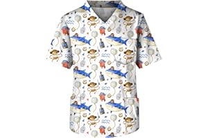 NHNKR Hawaii Kasack Herren Pflege 2024 Bedruckte Arbeitskleidung Mit Taschen Grosse GröSsen Kurzarm T-Shirt V-Ausschnitt Kleidung Uniformen mit 3 Taschen