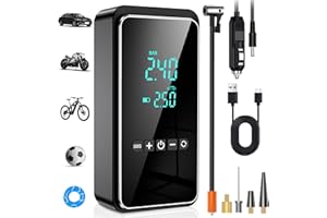 IPFLIN Gonfleur Pneus Voiture, Compresseur à Air Portatif, Compresseur Voiture 150 PSI & 12 V 6000 mAh, Pompe a Velo Electrique Rechargeable USB-C avec Lumière LED numérique pour Voiture, Moto