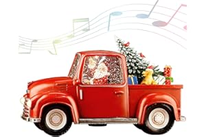 HOLYHOM Decoración de camión rojo vintage iluminada, globo de nieve musical de Navidad de 11.3 pulgadas con purpurina remolinada, modelo de Papá Noel en coche de camión, decoraciones de Navidad iluminadas en