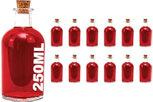 SLKFACTORY 12 piezas Botellas de 250 ml NEW-BOST vacías Botella de licor de farmacia con tapón de corcho Botella de licor de frasco de tiras de aceite de jugo para auto-llenado, N