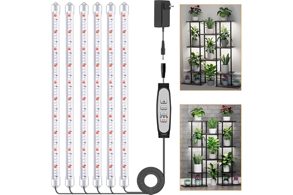 6 Barras de Luz para Cultivo de Plantas, Lámpara de Luz Solar de Espectro Completo con Temporizador 6/12/18H, 5 Niveles Regulables para Suculentas, Estante para Plantas, Bajo Armario
