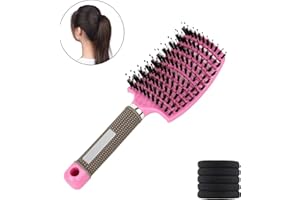 ALIMAN BRAND Cepillo Pelo + 5 Coleteros – Antitirones – Efecto Masaje – Peine Desenredante – Cepillo Cerdas Jabali – Todo Tipo de Cabello (Rosa)