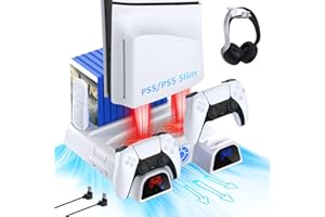 NexiGo PS5 Vertikaler Ständer mit Headset-Halter und Netzteil, für PS5 Disc & Digital Edition Dual Controller Ladestation, 3 Stufen Einstellbare Lüftergeschwindigkeit, 10 Game Rack, Weiß