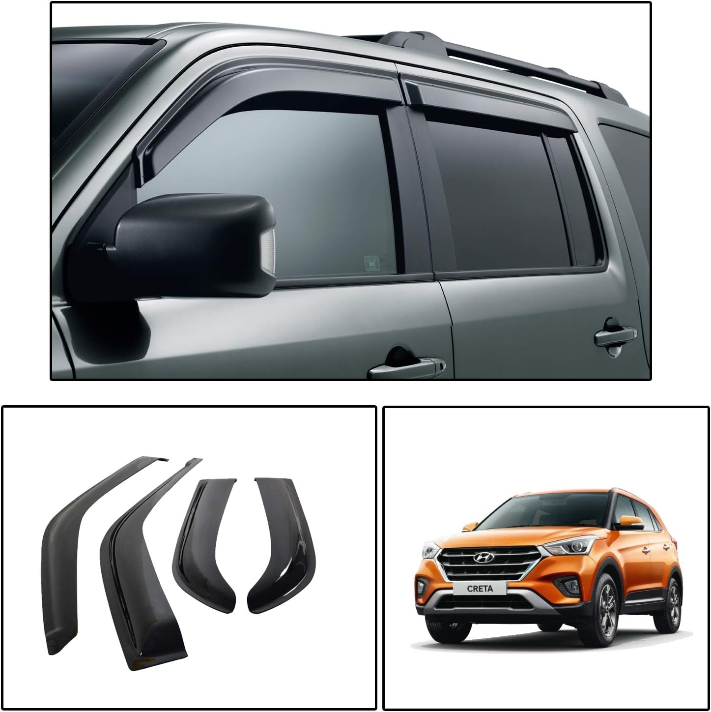 Oshotto Car Rain Wind Door Visor Side Window Deflector Compatible with Hyundai Creta (2015-2019) (Set of 4), Black