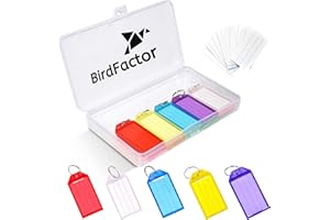‎BIRDFACTOR 25 Stück Schlüsselanhänger beschriftbar mit Etiketten – 5 Farben, Kunststoffbox mit extra Etiketten, Schlüssel Anhänger und Schlüsselschilder mit Ring auch für Haustiere, Gepäckstücke oder USB Sticks