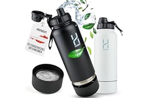 HEIMGEIST Trinkflasche Edelstahl, 1l/32oz isolierte Wasserflasche, mit Storage-Box, Platz für Kopfhörer, Geld und Nahrungsergänzungsmittel (Schwarz)