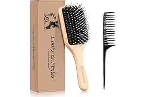 Hair Brush, Sosoon Boar Bristle Paddle Hairbrush for Long Thick Curly Wavy Dry or Damaged Hair, Reducing Hair Breakage and Frizzy No More Tangle, Giftbox & Hair Comb Included