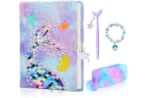 homicozy Tagebuch Mädchen mit Schloss, 4er Set Meerjungfrau Geheimes Plüsch Notizbuch, 160 Liniertes A5 Privates Tagebuch mit Federmäppchen & Stift, Schreibwaren Geschenke für Kinder 8-12 Jahre
