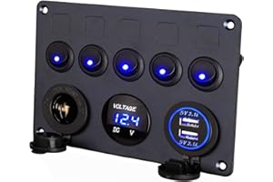Thlevel 5 Gang Toggle Switch Control Panel Waterproof 12V/24V Car Charger Switch Panel with Dual USB Charger Port Lighter Socket Adapter Digital Voltmeter Display for Boat Vehicle Marine