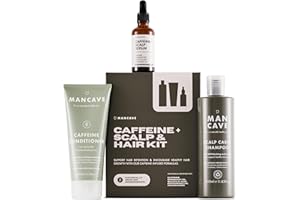 ManCave Caffeine+ Kit para cuero cabelludo y cabello con 3 elementos esenciales para el cuidado del cabello y el cuero cabelludo más sanos, champú para el cuidado del cuero cabelludo, acondicionador