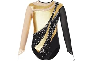 ranrann Enfant Fille Justaucorps Gymnastique Strass Manches Longues Patinage Artistique Danse Costume Spectacle Tenue 3-16 Ans