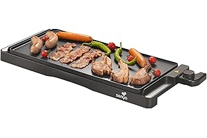 SENYA Plancha Electrique XL 2200W, Grande surface de cuisson 51 x 25 cm Antiadhésive, Revêtement effet pierre, Plancha Grill, Thermostat réglable, Nettoyage compatible Lave-vaisselle, Noir