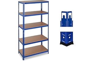Relaxdays Étagère charge lourde, Meuble 5 niveaux, Cave charge 875 kg, garage, 180x90x45 cm, acier, MDF, bleu