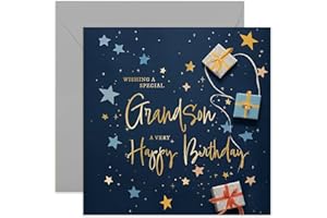 OLD ENGLISH COMPANY Old English Co. Grandson Birthday Card for Him - Navy Blue Male Birthday Card for Family - Stars Wrapped Gifts Presents Card Design - Modern Birthday Card | Blank Inside
