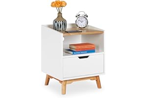 ‎RELAXDAYS Relaxdays Stolik nocny z drewnianymi nogami, skandynawski design, szuflada, otwarta półka, stolik do łóżka 50 x 43 x 40 cm, biały